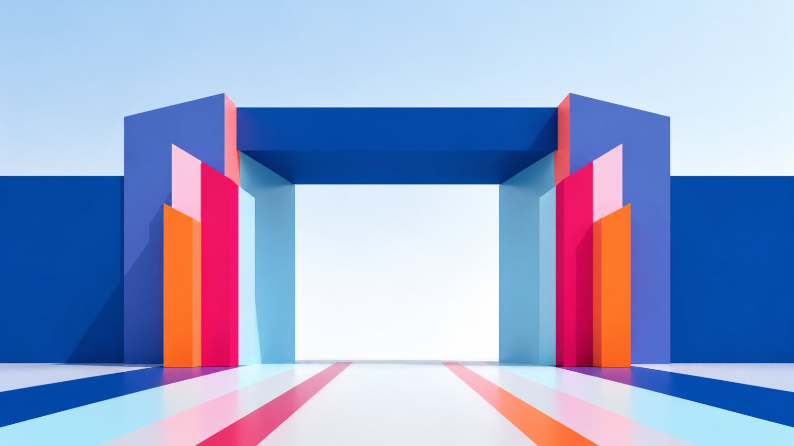The StageGate portal: an architectural gateway in Stage Blue with pink and orange wings
